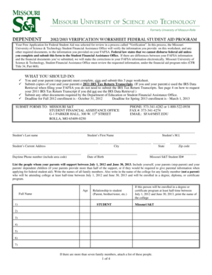 2012-2013 Verification Worksheet
