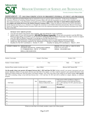 2013-2014 Dependent Verification Worksheet