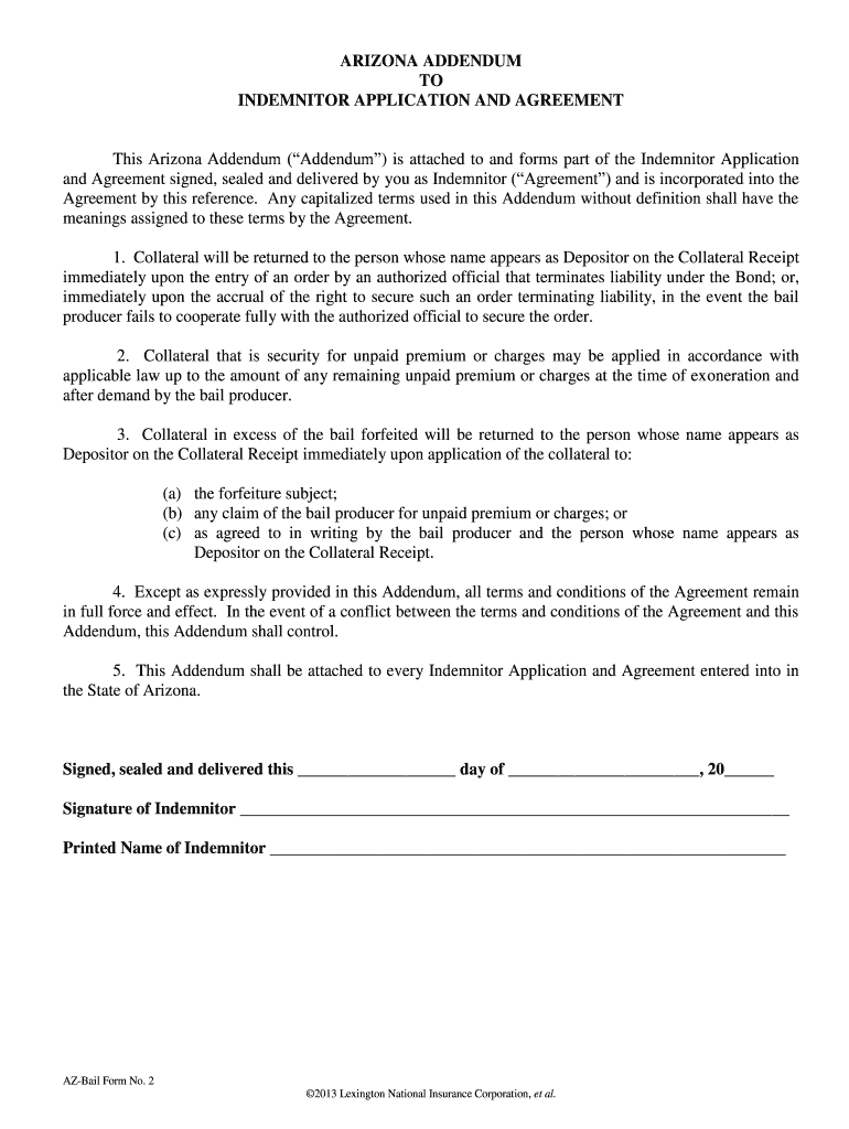 Fillable Online ARIZONA ADDENDUM TO INDEMNITOR APPLICATION AND