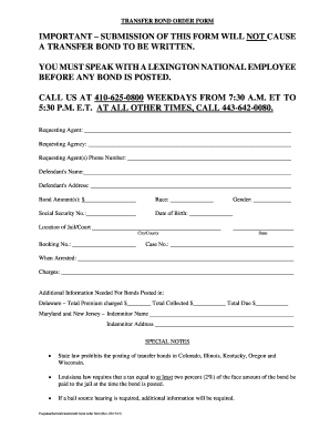 Transfer Bond Order Form