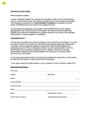 Student Intake Form for Disability Services
