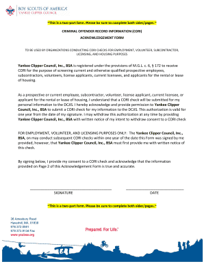 Criminal Offender Record Information (CORI) Acknowledgement Form