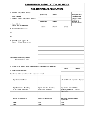 Badminton Age Certificate