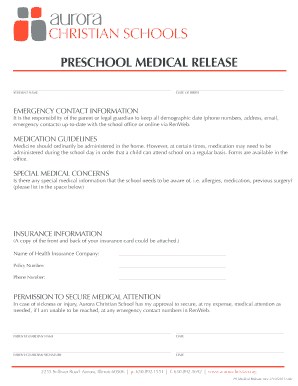Preschool Medical Release Form