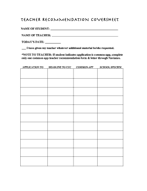 Teacher Recommendation Coversheet
