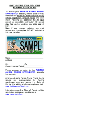 Florida Animal Friend Spay/Neuter License Plate Renewal Form
