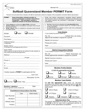 Softball Queensland Member Permit Form