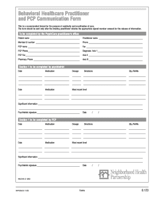 Behavioral Healthcare Practitioner and PCP Communication Form