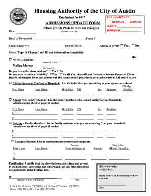 Housing Authority Admissions Update Form