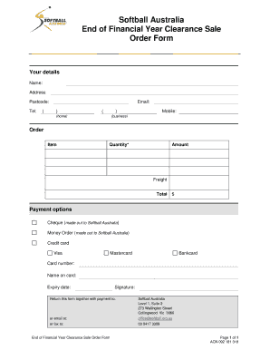 Softball Australia End of Financial Year Clearance Sale Order Form