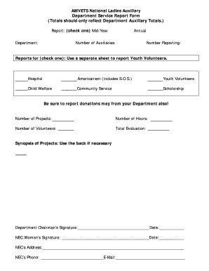 AMVETS National Ladies Auxiliary Department Service Report Form