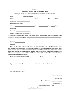 Florida Nonresident Dealer Vehicle Affidavit