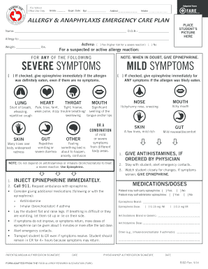 Allergy Anaphylaxis Emergency Care Plan