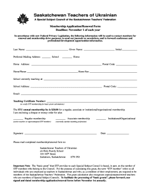 Saskatchewan Teachers of Ukrainian Membership Application