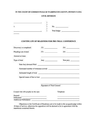 Certificate of Readiness for Pre-Trial Conference