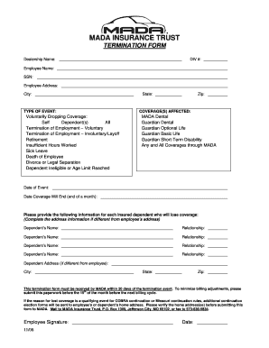 MADA Insurance Trust Termination Form