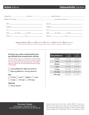 Active Reliever Osteoarthritis Brace Order Form