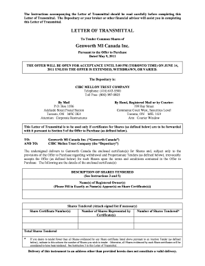 Letter of Transmittal for Genworth MI Canada Inc. Shares