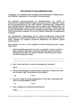 Fragebogen zur Feststellung des Vorliegens einer fehlerhaften Anlageberatung