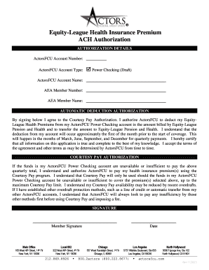 Equity-League Health Insurance Premium ACH Authorization