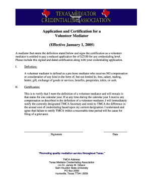 Application and Certification for a Volunteer Mediator