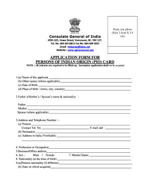 Application Form for Persons of Indian Origin (PIO) Card