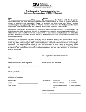 Patronage Agreement and Consent Form