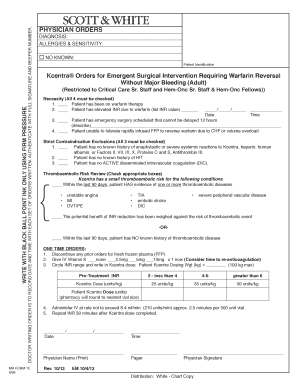 Physician Orders for Kcentra Warfarin Reversal