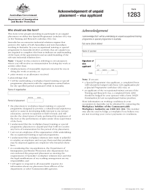 Acknowledgement of Unpaid Placement – Visa Applicant 1283