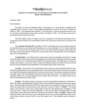 US Federal Tax Information for Zep Inc. Stock Distribution
