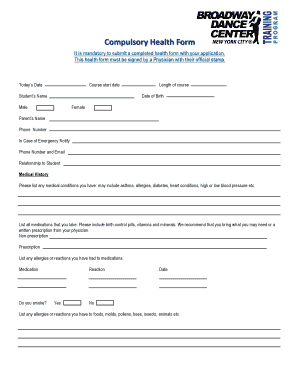Compulsory Health Form for Dance Students