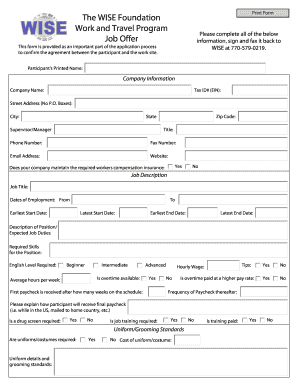 WISE Foundation Work and Travel Program Job Offer Form