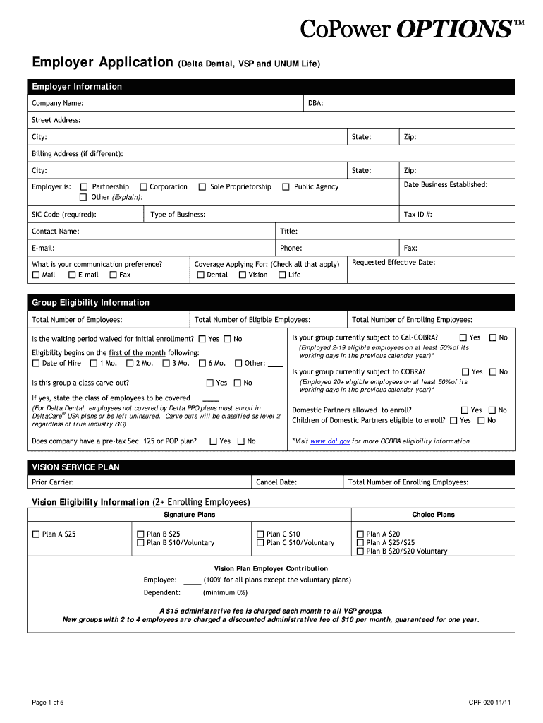 Fillable Online Employer Application Delta Dental VSP and UNUM Life Fax