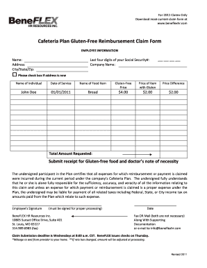 Cafeteria Plan Gluten-Free Reimbursement Claim Form