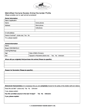 MetroWest Humane Society Animal Surrender Profile