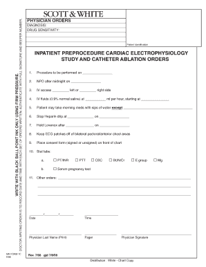 Physician Orders for Cardiac Electrophysiology Study and Catheter Ablation