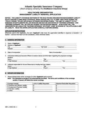 Healthcare Organization Management Liability Renewal Application