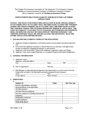 Employment Practices Liability Insurance Application for Law Firms