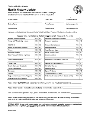Cincinnati Public Schools Health History Update Form