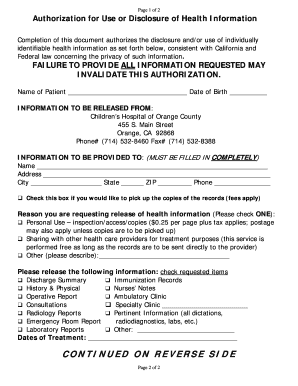 Authorization for Use or Disclosure of Health Information