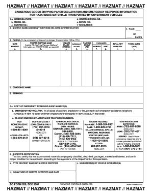 DD Form 836 Hazardous Materials Shipping Paper