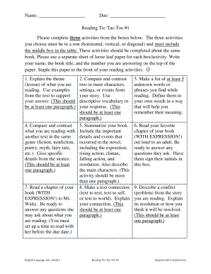 Reading Tic-Tac-Toe English Language Arts - homelink cps-k12