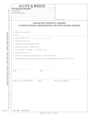 Physician Orders for Uterine Artery Embolization