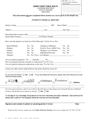 Summit County Dental Van Medical History Form