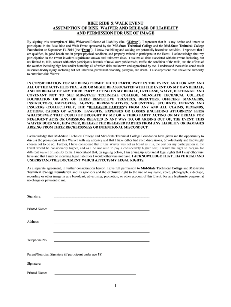 Fillable Online mstc BIKE RIDE WALK EVENT ASSUMPTION OF RISK WAIVER AND ...