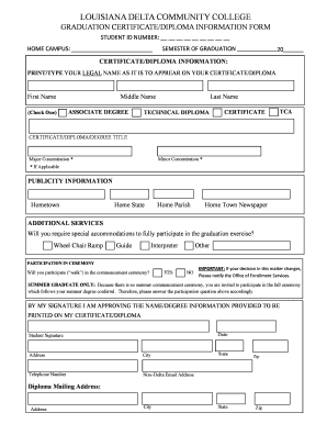 Louisiana Delta Community College Graduation Certificate/Diploma Information Form
