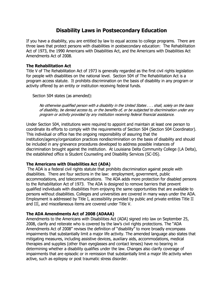 Fillable Online Disability Laws in Postsecondary Education Fax Email
