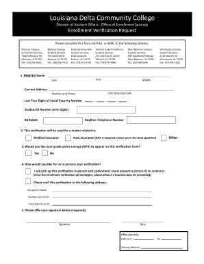 Louisiana Delta Community College Enrollment Verification Request