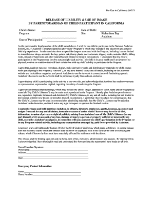 California Release of Liability and Image Use for Child