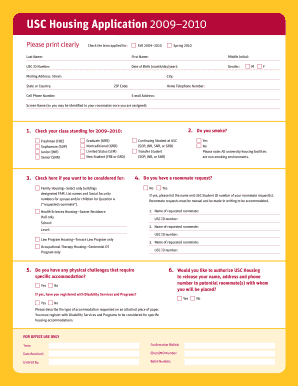 USC Housing Application 2009–2010